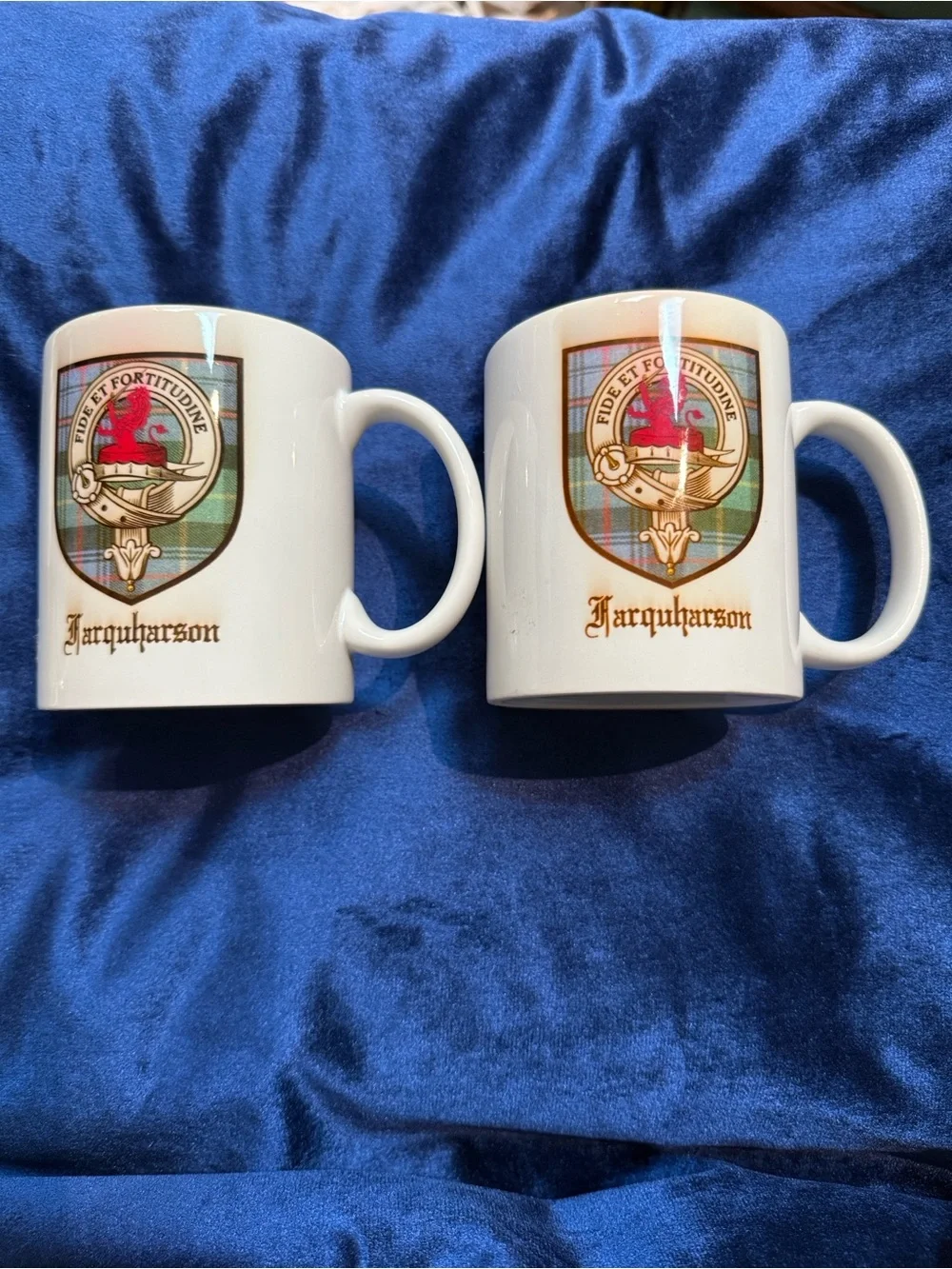 Two Clan Farquharson Scottish Seal Crest Coffee Mugs “Fide et Fortitudine”